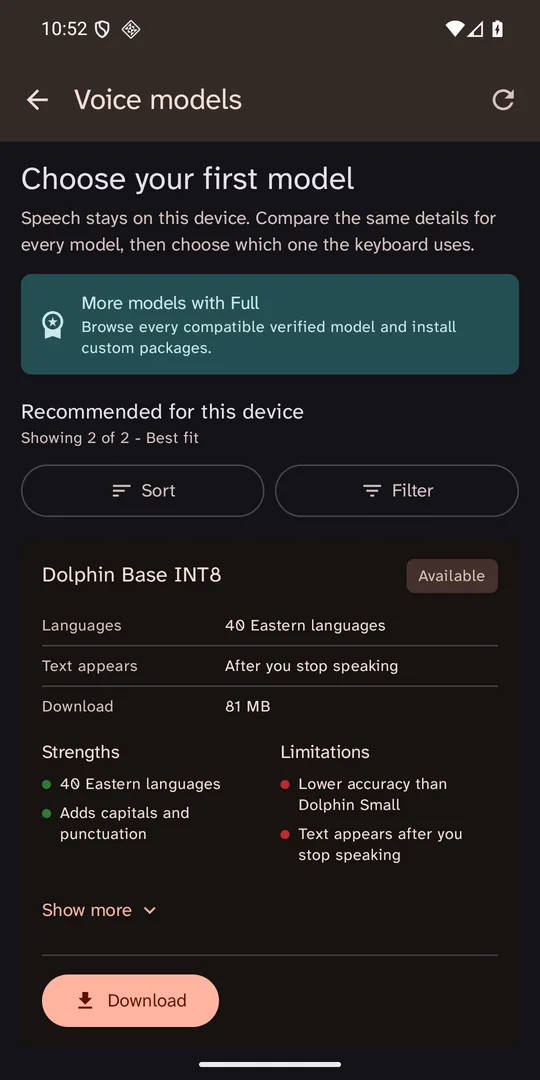 Loquela voice model screen. Its intro reads: Speech stays on this device.
