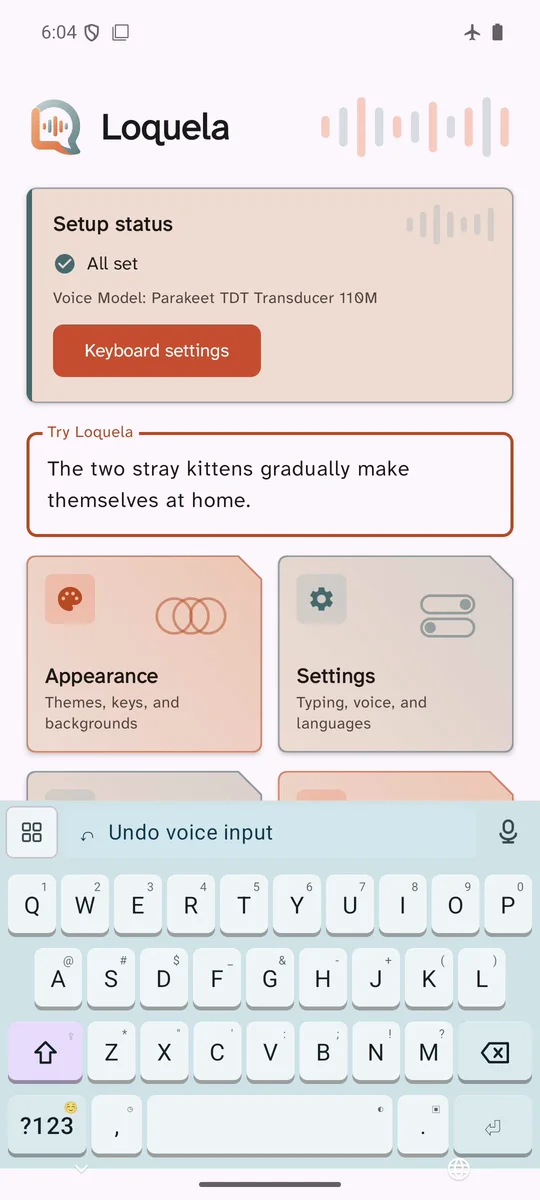 The Loquela keyboard open under its practice field, which holds a sentence typed by voice. The status bar shows airplane mode.